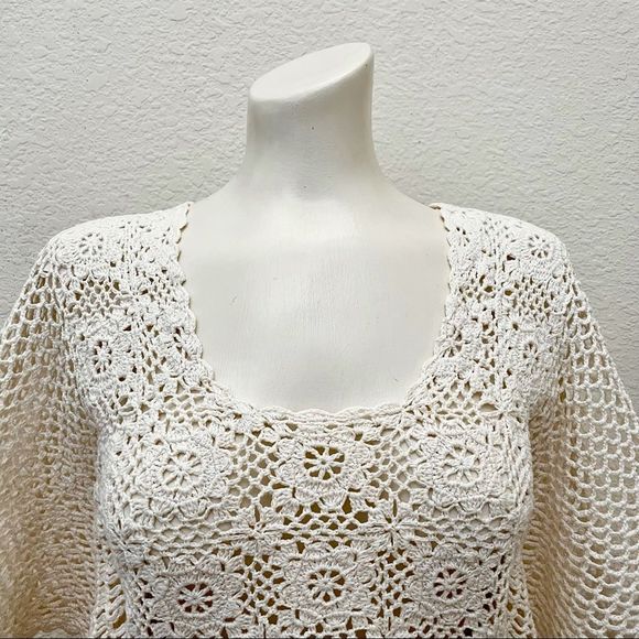 Vintage Ivory Cotton Crochet Angel Wing Bell Sleeve Top Sweater, Medium - Picture 3 of 7